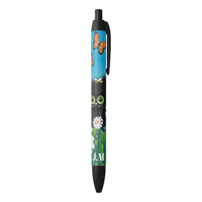 Cute Black Cat Kitten with Daisies Monogram Pen (Bottom (Vertical))