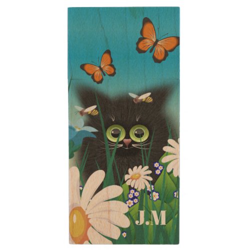 Cute Black Cat Kitten with Daisies Monogram Wood Flash Drive