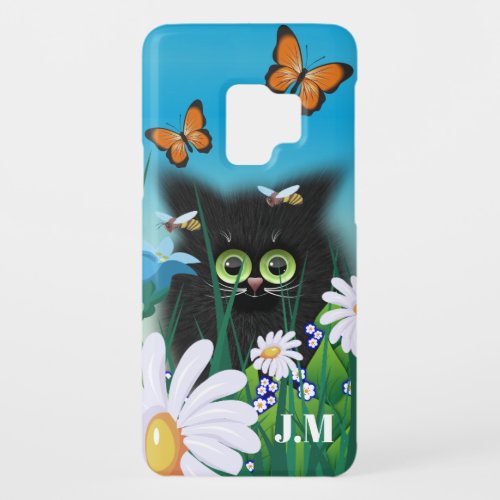 Cute Black Cat Kitten with Daisies Personalised Case_Mate Samsung Galaxy S9 Case