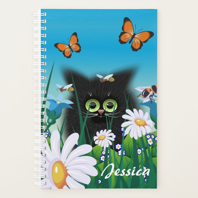 Cute Black Cat Kitten with Daisies Personalised Planner (Front)