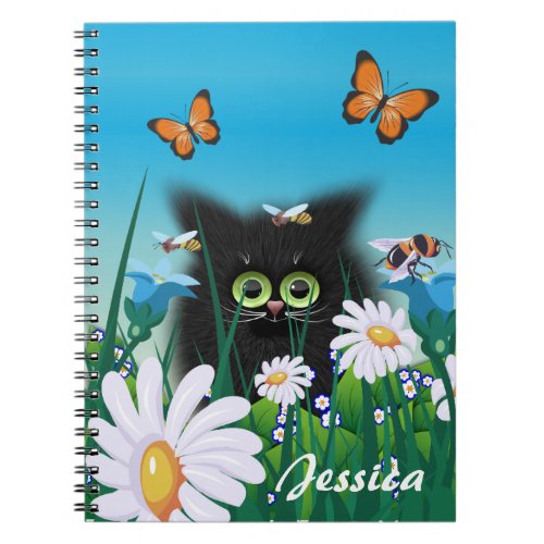 Cute Black Cat Kitten with Daisies Personalized Notebook