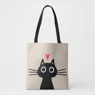Cute Black Cat Kitten with Valentine Heart Tote Bag