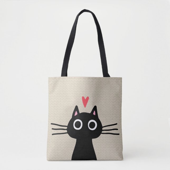 Cute Black Cat | Kitten with Valentine Heart Tote Bag (Front)