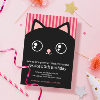 Cute Black Cat Kitty Face Kids Birthday Invitation by pinkpinetree at Zazzle