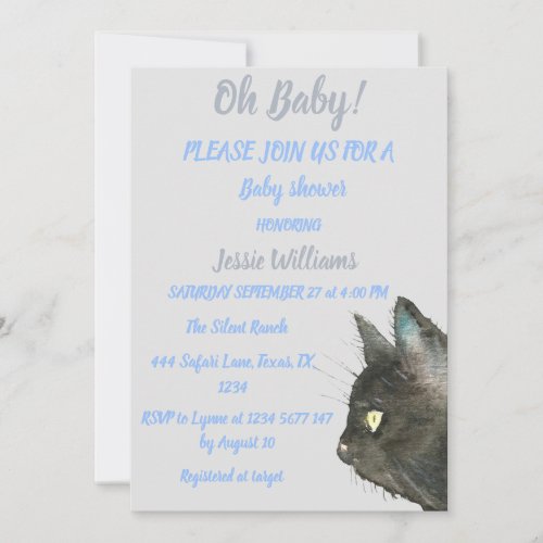 Cute Black Cat Kitty Kitten Blue Baby boy shower  Invitation