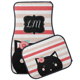 Cute Black Cat Kitty Monogram Car Floor Mat