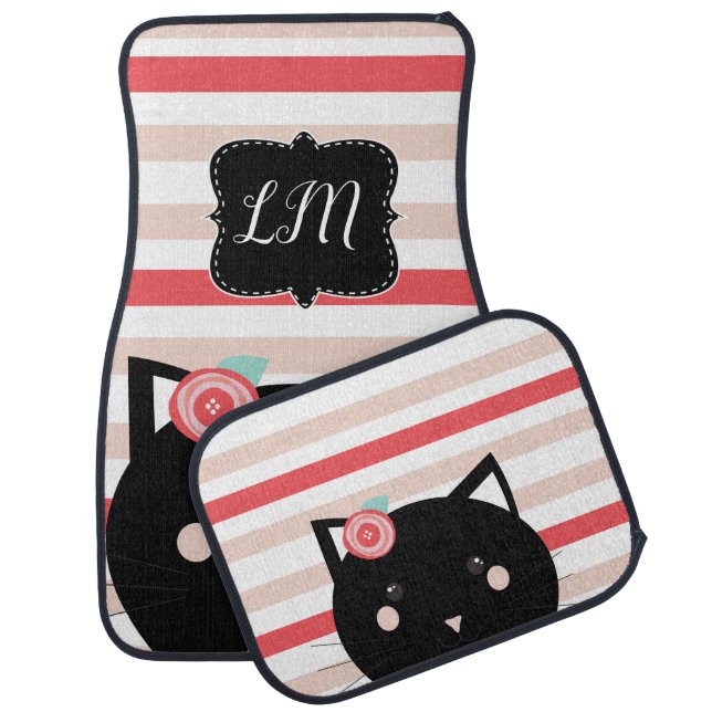 Cute Black Cat Kitty Monogram Car Floor Mat (Set)
