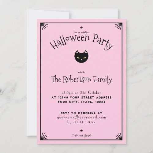 Cute Black Cat Light Pink Pastel Halloween Invitation