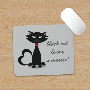 Cute Black Cat Loves Gray Mouse Pad