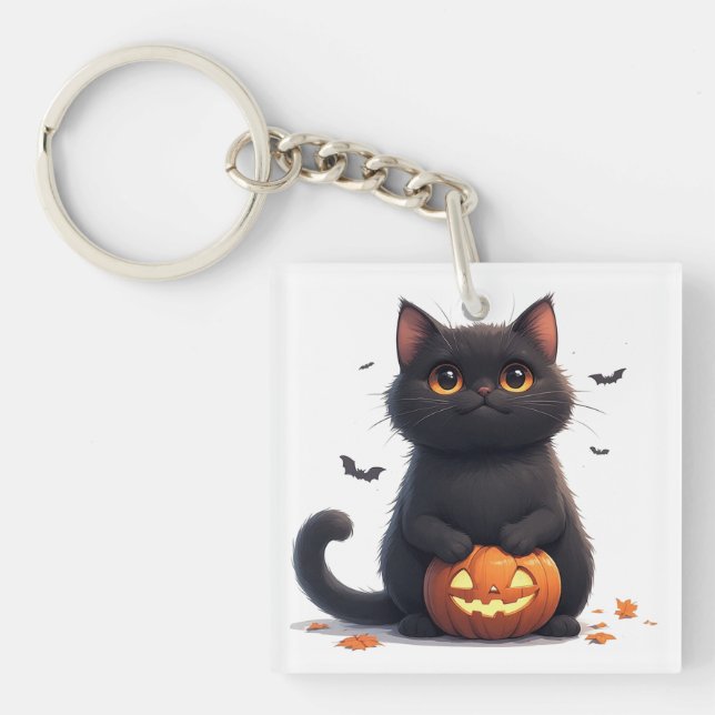 Cute Black Cat Magic Halloween Theme 🎃 Keychain (Front)