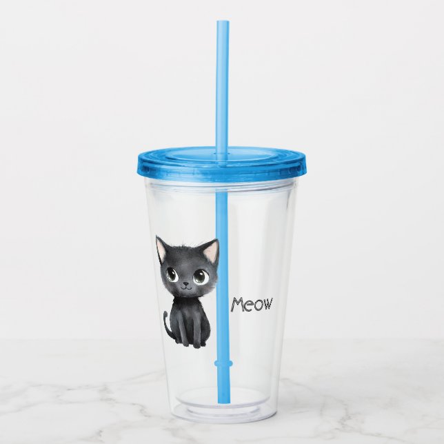 Cute Black Cat Meow Acrylic Tumbler (Front)