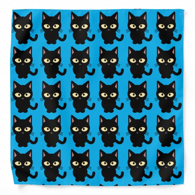 Cute black cat meow cartoon blue bandana (Front)