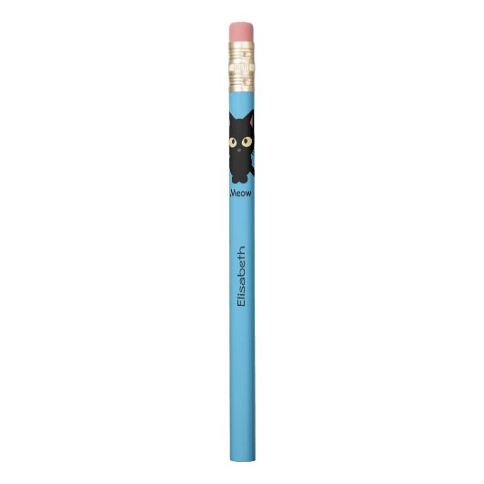 Cute black cat meow cartoon blue pencil (Vertical)