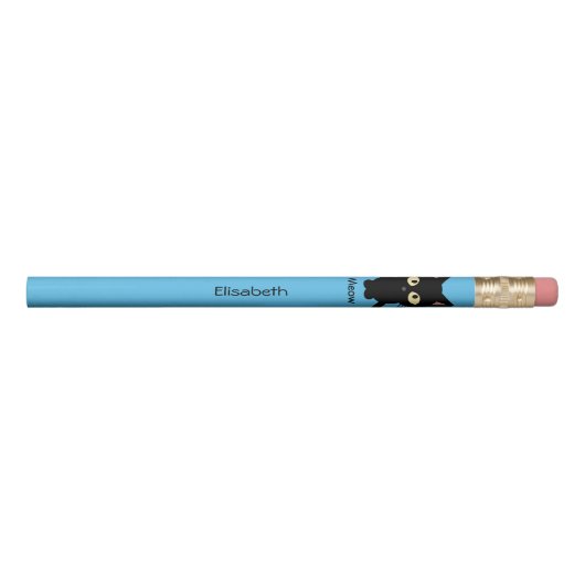 Cute black cat meow cartoon blue pencil (Front)