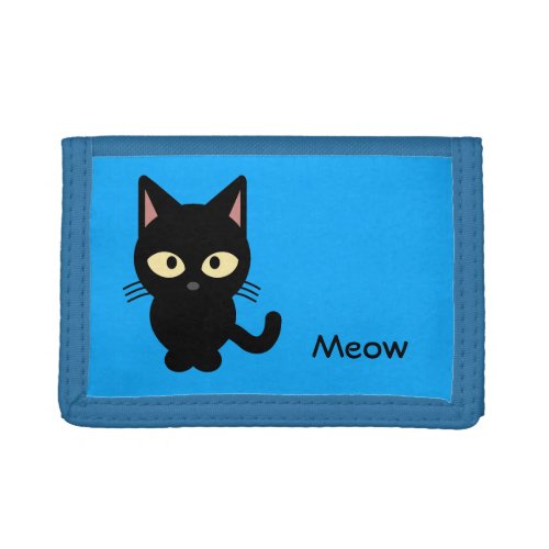 Cute black cat meow cartoon blue tri_fold wallet