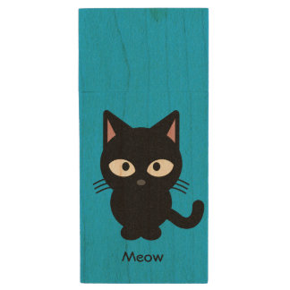 Cute black cat meow cartoon wood flash drive
