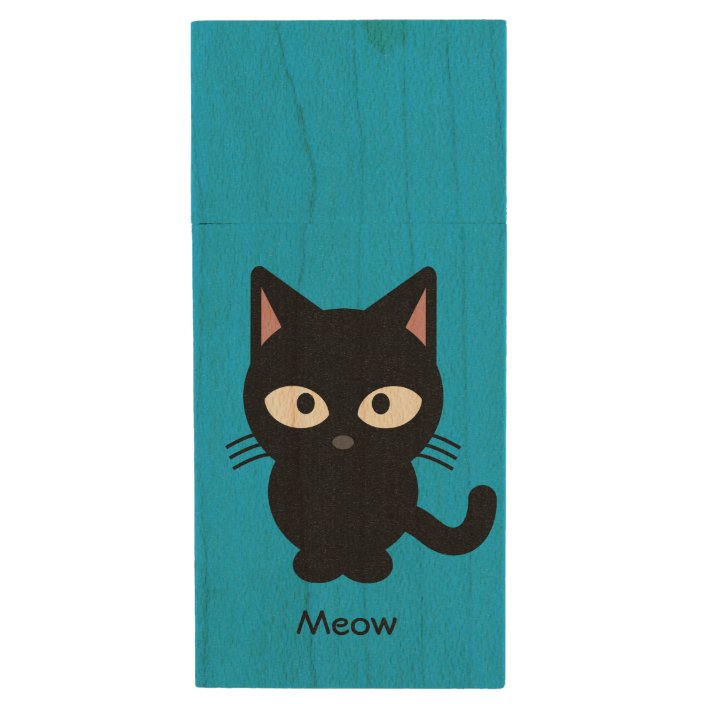 Cute Black Cat Meow Cartoon Wood Flash Drive 0990