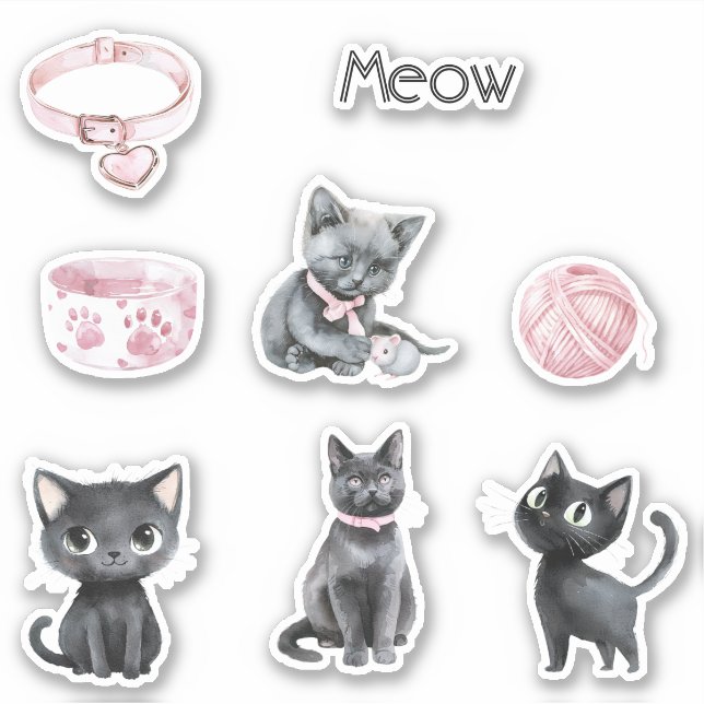 Cute Black Cat Meow Collar Yarn Sticker (Front)