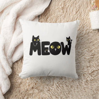 Cute Black Cat Meow T-Shirt Throw Pillow