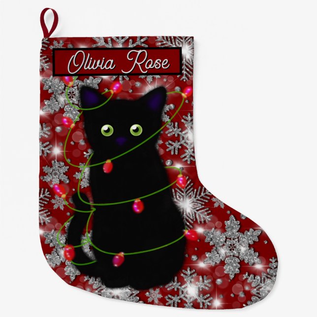 Cute black cat Meowy Christmas sparkling snowflake Large Christmas Stocking (Front)