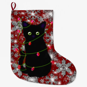 Cute black cat Meowy Christmas sparkling snowflake Large Christmas Stocking
