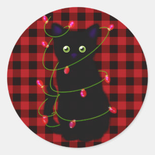 Cute Black cat Meowy Christmas   twinkle lights   Classic Round Sticker