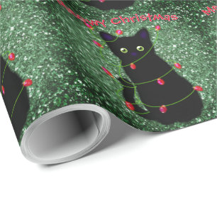 Cute Black cat Meowy Christmas twinkle lights Wrapping Paper