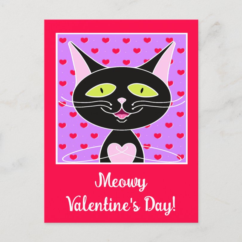 Cute Black Cat Meowy Happy Valentines Day Holiday Postcard