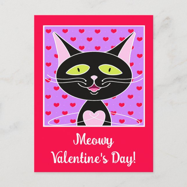 Cute Black Cat Meowy Happy Valentines Day  Holiday Postcard (Front)