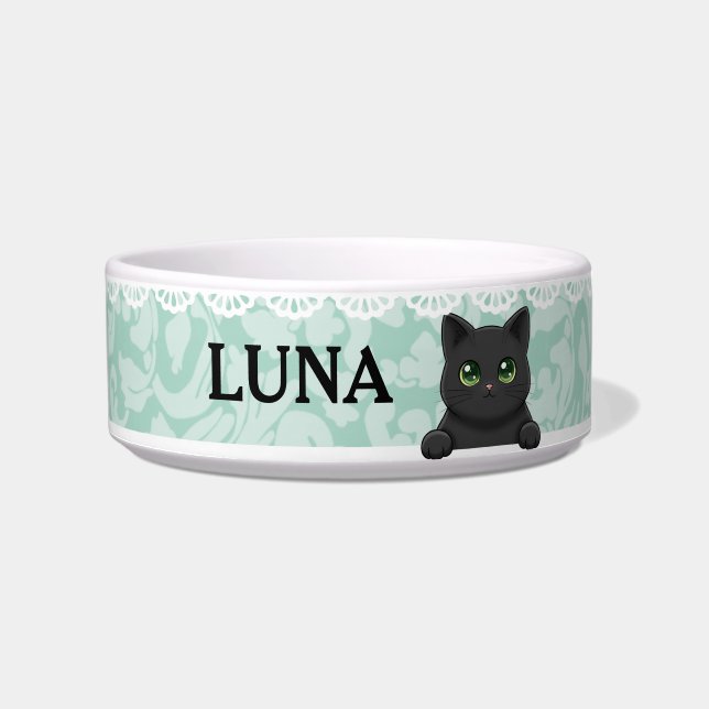 Cute Black Cat Mint Custom Name Bowl (Front)
