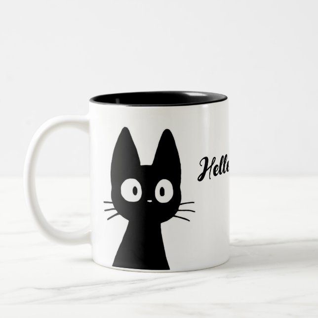 Cute Black Cat Mug – Funny Hello Hooman Coffee Cup (Left)