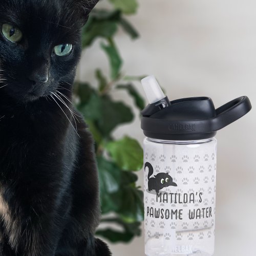 Cute Black Cat Name Paw Prints Water Bottle