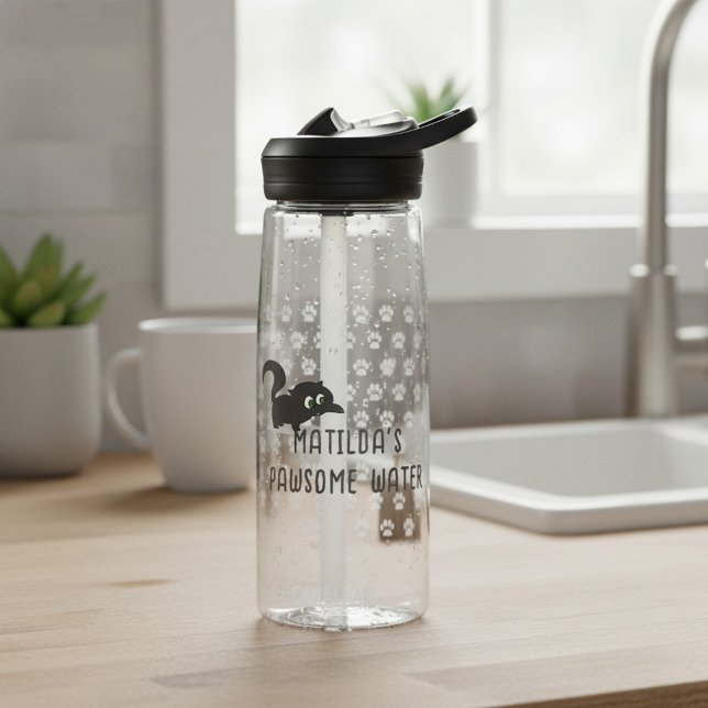 Cute Black Cat Name Pawsome Water Bottle (A pawsome water bottle for your pawsome water. Just add your name)