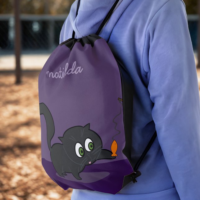 Cute Black Cat Name Purple Drawstring Bag (A cute purple backpack with a cute black cat. Just add your name)