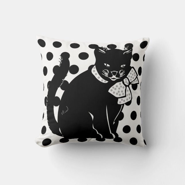 Cute Black Cat on Black & White Polka Dots Pillow (Front)