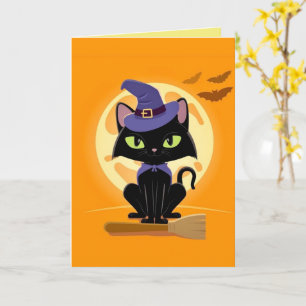 Cute Black Cat on broom Halloween Card