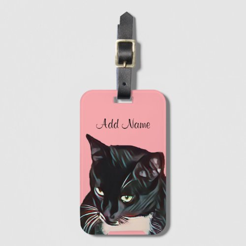 Cute Black Cat On Coral Pink Personalized  Luggage Tag
