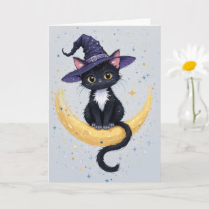 Cute Black Cat on Crescent Moon Halloween Greeting Card