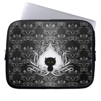 Cute Black Cat on Damask Laptop Sleeve
