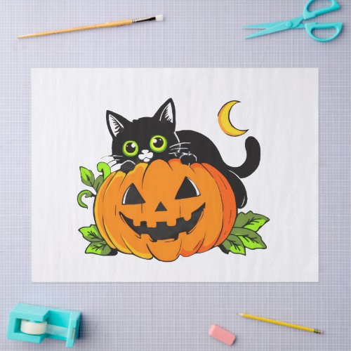 Cute Black Cat on Halloween Jack-O'-Lantern Pumpki Tissue Paper