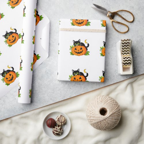 Cute Black Cat on Halloween Jack-O'-Lantern Pumpki Wrapping Paper