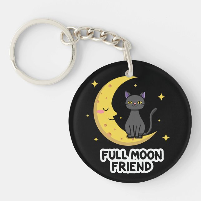 Cute Black Cat on Moon - Full Moon Friend Keychain (Front)