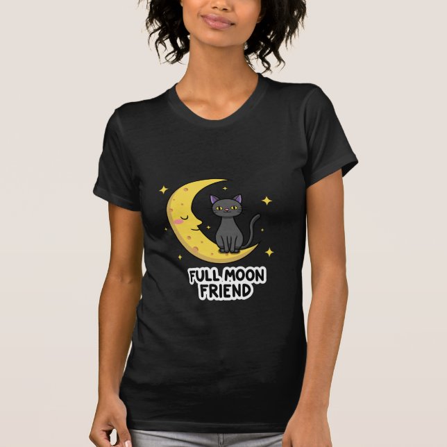 Cute Black Cat on Moon - Full Moon Friend T-Shirt (Front)