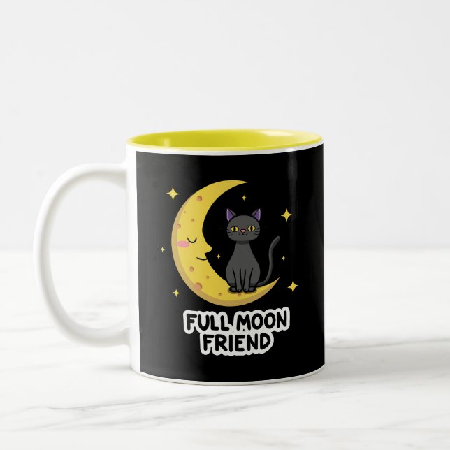Cute Black Cat on Moon - Full Moon Friend Two-Tone Coffee Mug (Left)