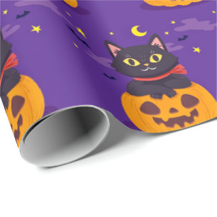 Cute Black Cat on Pumpkin Halloween Wrapping Paper