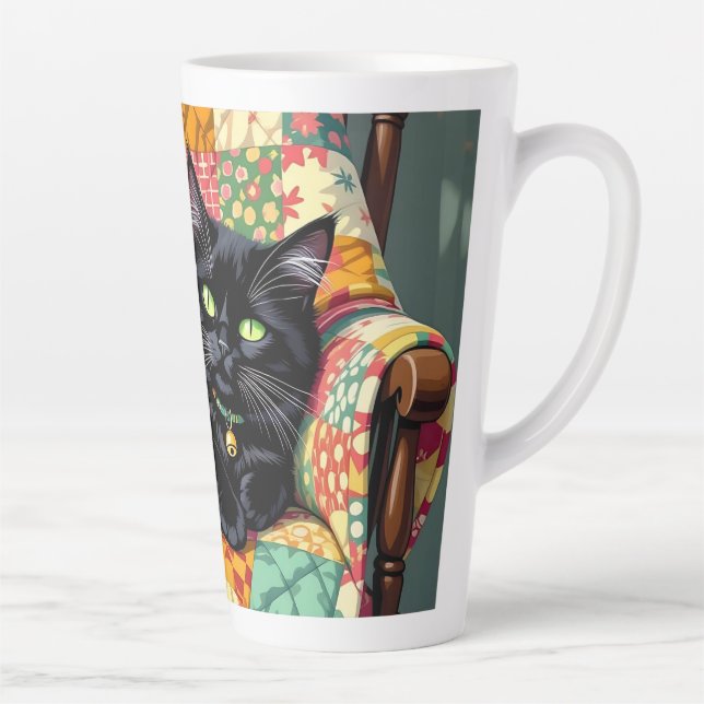 Cute Black Cat on Rocking Chair Latte Mug (Right)