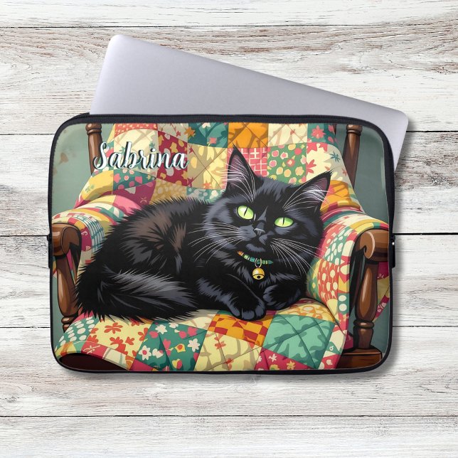 Cute Black Cat on Rocking Chair Personalized Laptop Sleeve (Creator Uploaded)