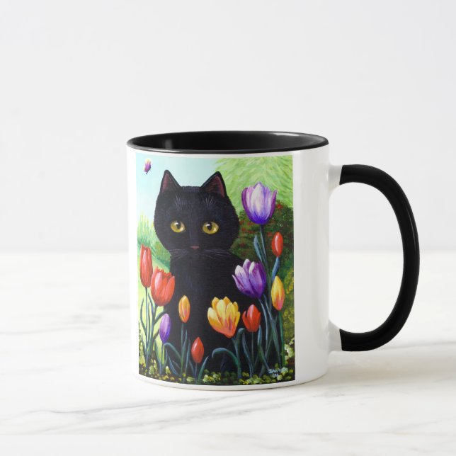 Cute Black Cat Original Art Tulips Creationarts Mug (Right)