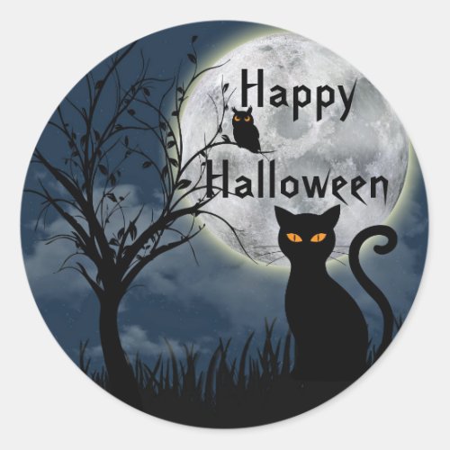 Cute Black Cat Owl Moon Graphic Halloween Classic Round Sticker