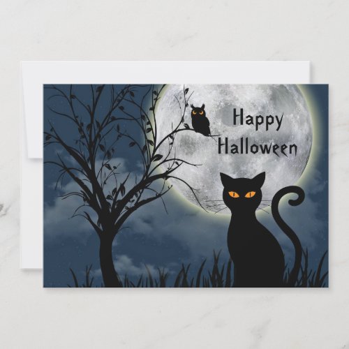 Cute Black Cat Owl Moon Graphic Halloween Flat Holiday Card